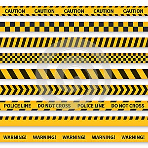 Police tape. Yellow taped barricade warning danger police stripes crime safety line attention border barrier, flat set