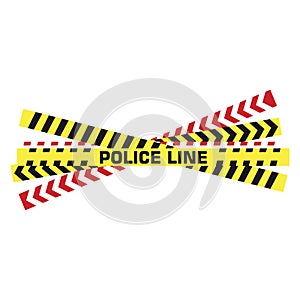 Police tape. Yellow taped barricade warning danger police stripes crime safety line attention border barrier, flat vector set