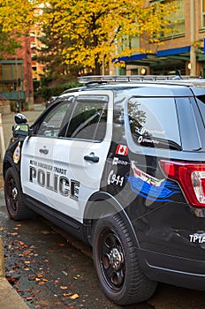 A police utility vehicle operated by the Royal Canadian Mounted Police RCMP. Police car stopped on a street of Vancouver
