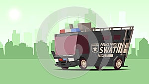 Police Van. Armored Special Forces Vehicle SWAT on City Landscape Background.