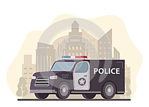 Police van truck. City skyline with skyscrapers. Patrol emergency vehicle.