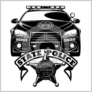 Police Vector Badge - Design elements, Police car. Monochrome style. Vector illustration Isolated on White