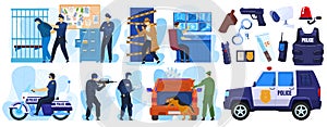 Police vector illustration set, cartoon flat policeman and criminal characters on arrest emergency, policeofficer people