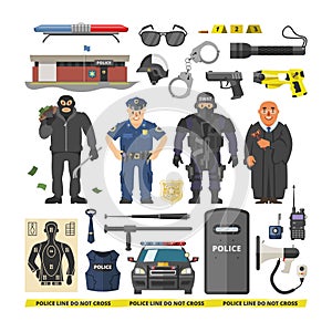 Police vector people policeman and criminal characters illustration policy set of policeofficer in bulletproof vest with