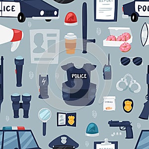 Police vector policy signs of policeman and police car illustration set of or policeofficers bulletproof vest and