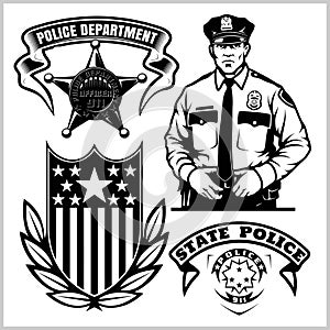 Police Vector set - Design elements, Badge, Policeman in Monochrome style. Vector illustration Isolated on White