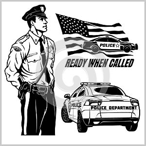 Police Vector set - Police Car and Policeman in Monochrome style.