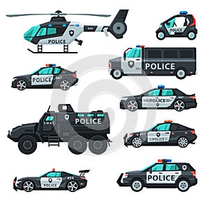 Police Vehicles Collection, Emergency Patrol Transport, Side View Flat Vector Illustration