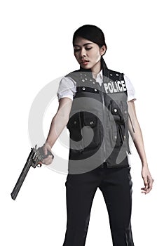 Police woman hold revolver gun