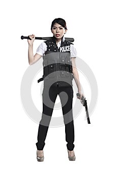 Police woman hold revolver gun and baseball bat