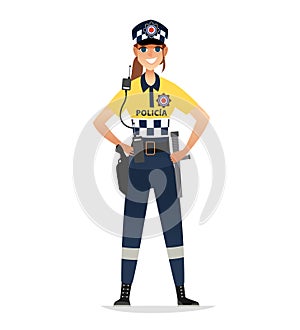 Police woman wearing patrol summer uniform. Happy smiling Europe policewoman agents. Isolated