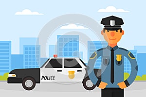 Police Work with Car and Man Officer in Uniform as Guardian of Law and Order Vector Illustration