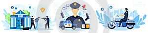 Police work vector illustration set, cartoon flat policeman character working, policeofficer people protect bank from