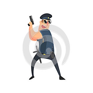 Policeman In American Cop Uniform With Truncheon, Radio, Gun Holster And Sunglasses Holding The Pistol