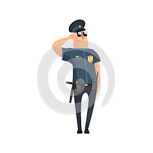 Policeman In American Cop Uniform With Truncheon, Radio, Gun Holster And Sunglasses Standing At Attention Saluting
