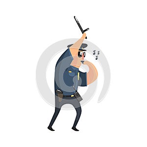 Policeman In American Cop Uniform With Truncheon, Radio, Gun Holster And Sunglasses Whistling photo