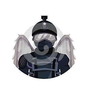 A policeman with angel wings. Guardian angel. Saving someone\'s life. Dangerous work.