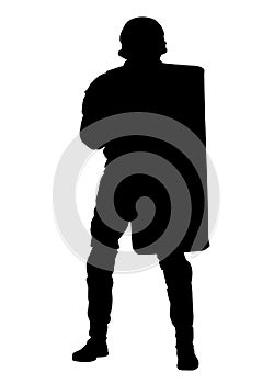 Policeman with anti riot shield vector silhouette photo