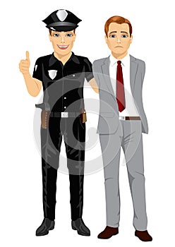 Policeman arresting businessman. White collar criminal white background