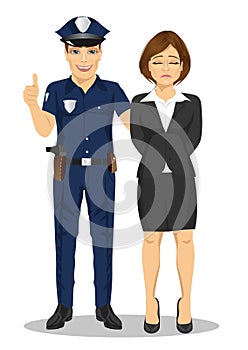 Policeman arresting businesswoman. White collar criminal white background