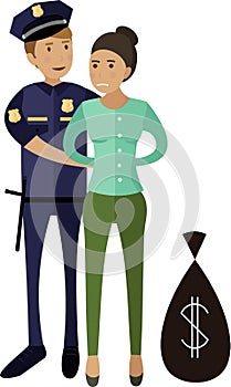 Policeman arresting woman thief with stolen money in sack vector icon isolated on white