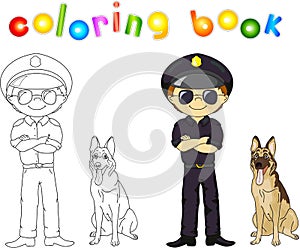 Policeman in black uniform and cap with guard dog. Coloring book