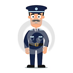 Policeman cartoon character standing confidently, wearing police uniform, mustache photo
