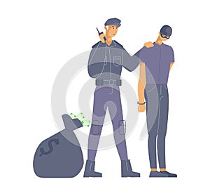 Policeman caught criminal flat vector illustration. Police officer in uniform and bank burglar in mask cartoon