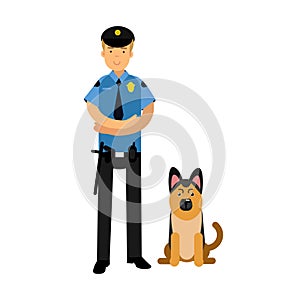 Policeman character in a blue uniform standing with german shepherd, police dog Illustration