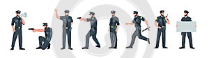 Policeman characters. Cartoon police officer in different poses, cartoon patrol cop and guard person in uniform doing