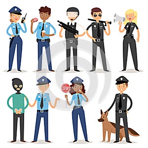 Policeman characters funny cartoon man pilice person uniform cop standing people security vector illustration.