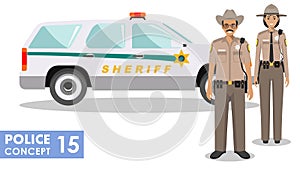 Policeman concept. Detailed illustration of american policeman and policewoman standing together near the police car