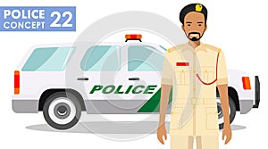 Policeman concept. Detailed illustration of arabian muslim police officer and car in flat style on white background