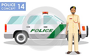 Policeman concept. Detailed illustration of arabian muslim policeman officer and police car in flat style on white