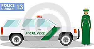Policeman concept. Detailed illustration of arabian muslim policewoman officer and police car in flat style on white