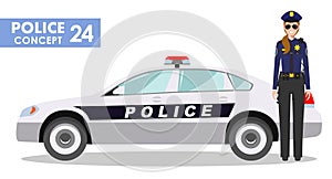 Policeman concept. Detailed illustration of policewoman officer and police car in flat style on white background. Vector