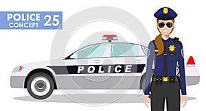 Policeman concept. Detailed illustration of policewoman officer and police car in flat style on white background. Vector