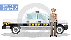 Policeman concept. Detailed illustration of sheriff and police car in flat style on white background. Vector.