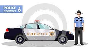 Policeman concept. Detailed illustration of sheriff and police car in flat style on white background. Vector