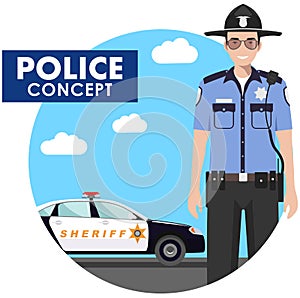 Policeman concept. Detailed illustration of sheriff in uniform on background with police car in flat style. Vector