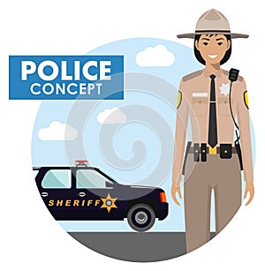 Policeman concept. Detailed illustration of sheriff in uniform on background with police car in flat style. Vector