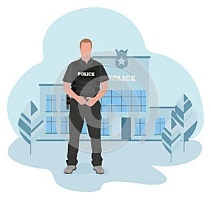 policeman concept near police station on blue background illustration photo