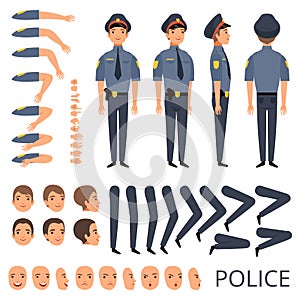 Policeman constructor. Security bodyguard profession character creation kit with shotgun various poses cap officer