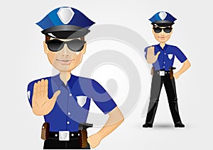 Policeman cop with sunglasses showing stop gesture