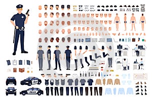 Policeman creation set or DIY kit. Collection of male police officer body parts, facial gestures, hairstyles, uniform photo