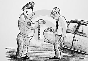 The policeman demands money from the driver. photo