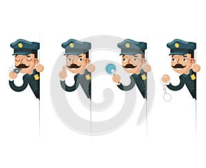Policeman detective magnifying glass handcuffs police whistle look peeking out of the corner cartoon flat design vector