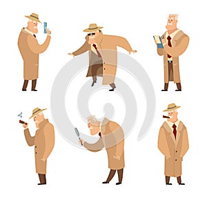 Policeman or detective search criminal. Vector set of funny characters