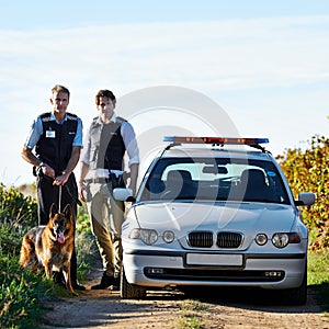 Policeman, dog and car in field to search at crime scene or robbery for safety, law enforcement and evidence. Detective