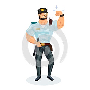 Policeman, with equipment, demonstrates strength,